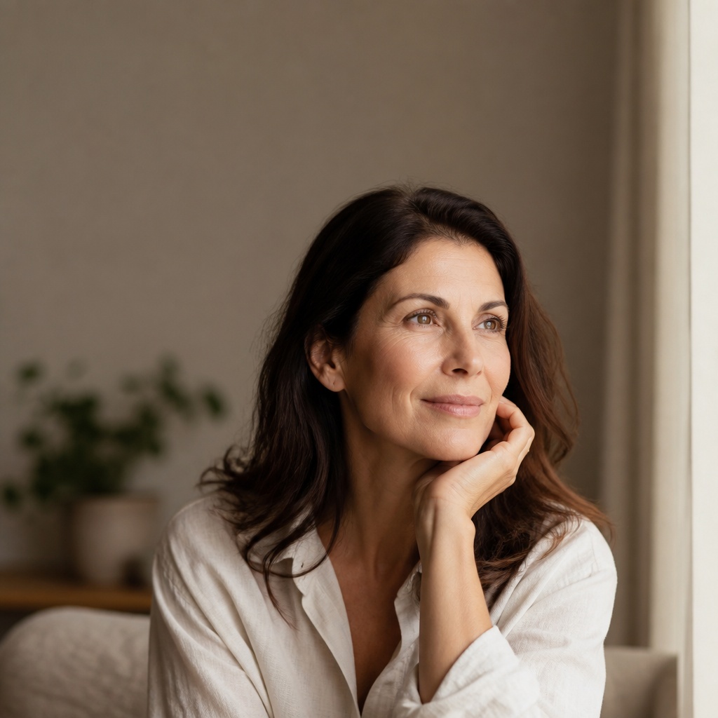 A woman in her early fifties sitting by a window in morning light, hand resting near her jaw