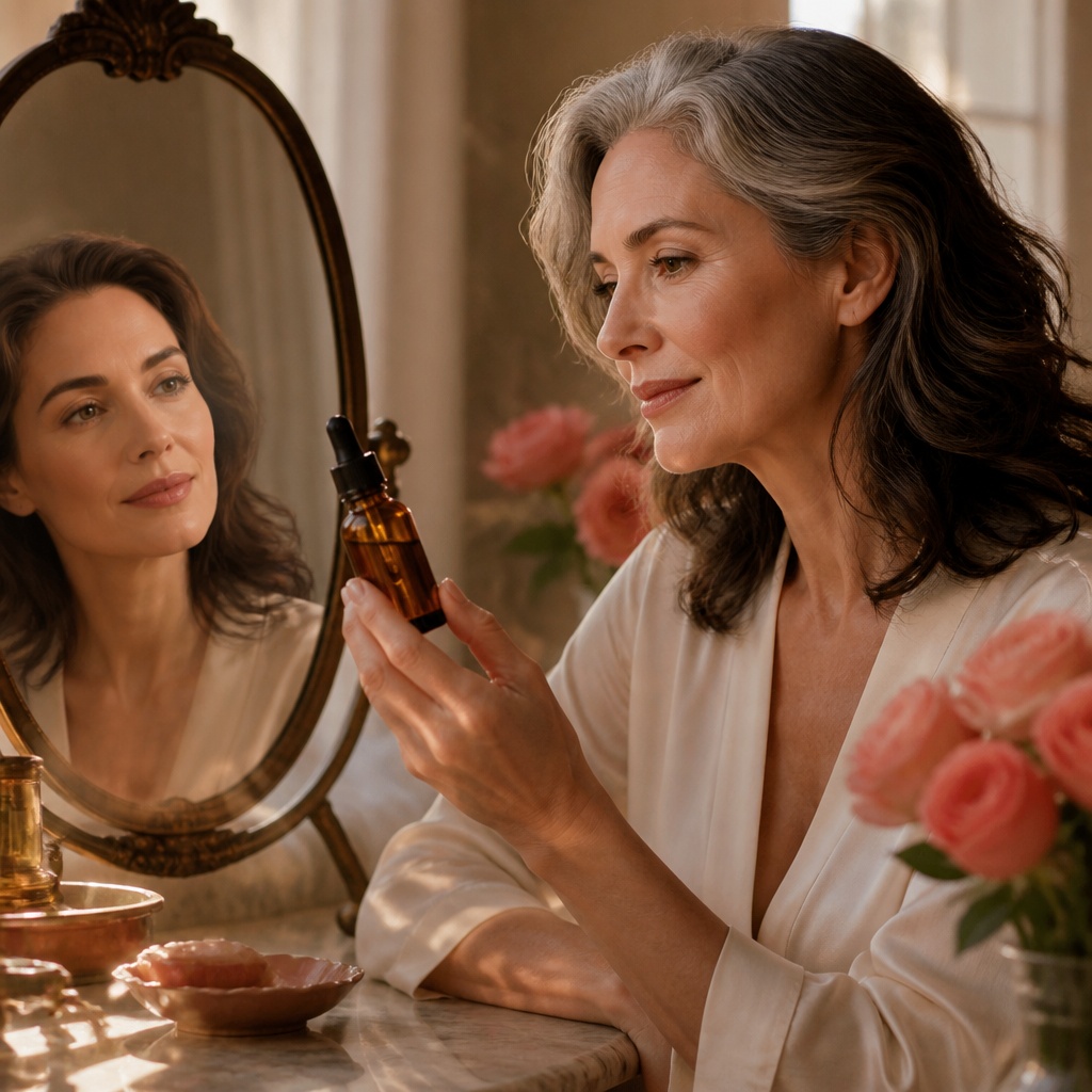 A woman in her fifties holding an amber retinol dropper bottle at her vanity, her younger self reflected in the mirror