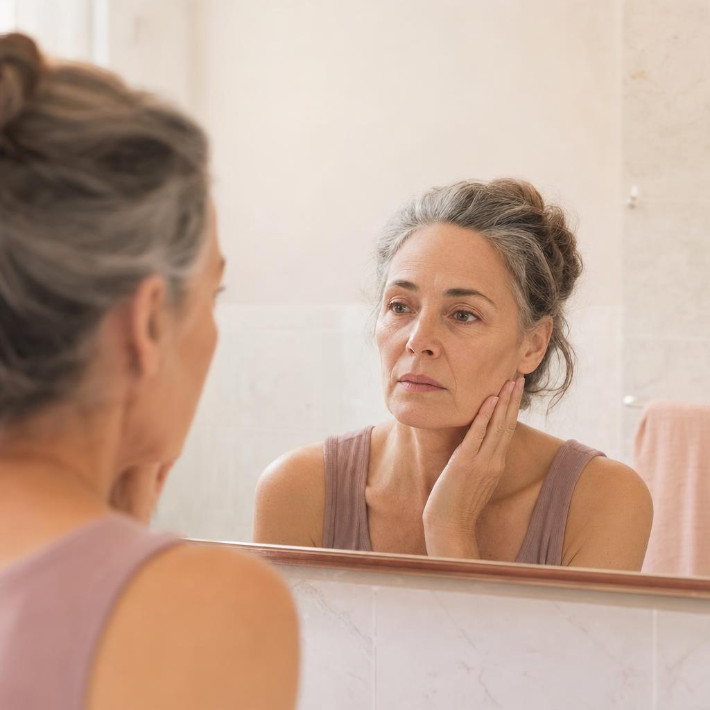 Una donna sui cinquant'anni davanti allo specchio di un bagno luminoso, che si sfiora la guancia con la mano e osserva il proprio viso